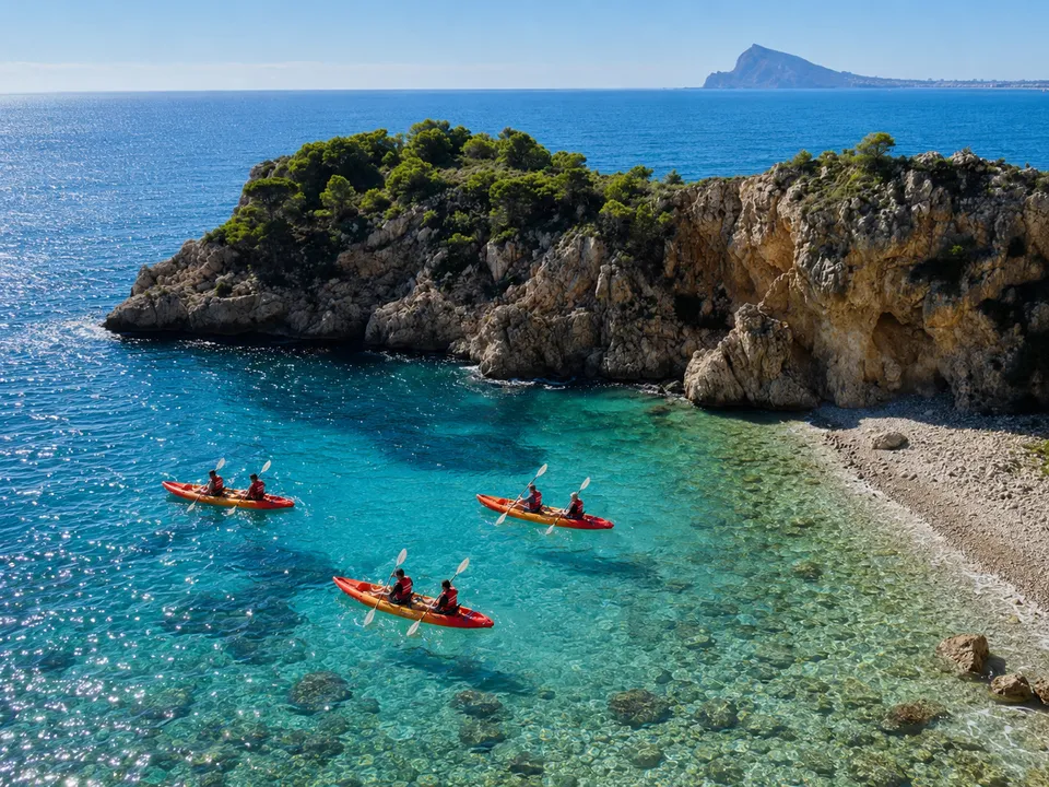 Kayaks under the cliffs of the Morro de Toix on the Kayak Altea tour