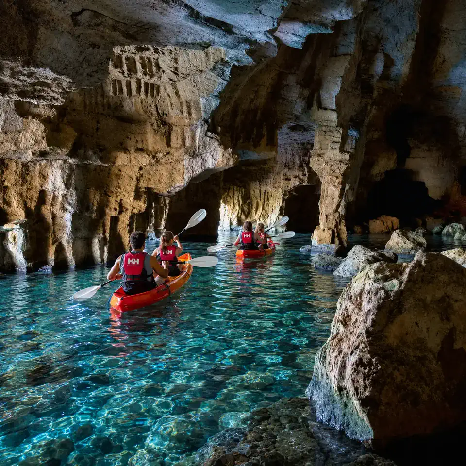 Kayaks inside the Cova Tallada sea cave near Dénia