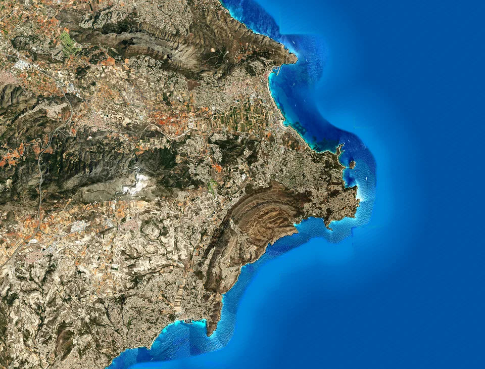 Aerial view of the Costa Blanca coast from Les Rotes and the Cap de Sant Antoni down past Moraira